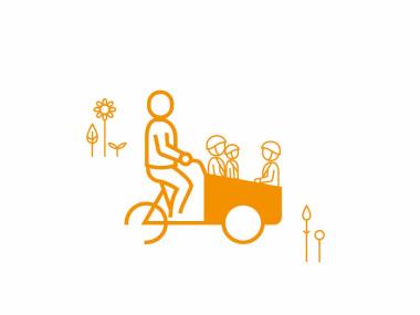 Grafisk illustration af en voksen, der cykler med 3 børn i en ladvogn