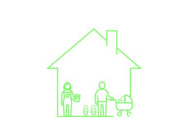 Grafisk illustration af et hus med en dagplejer med 3 børn og en tilsynsførende dagplejepædagog